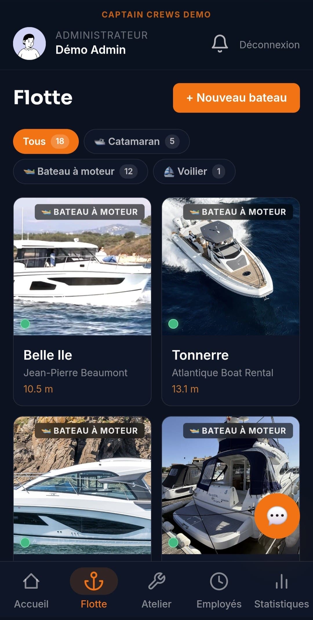 Vue d'ensemble de la flotte, statut et alertes par bateau