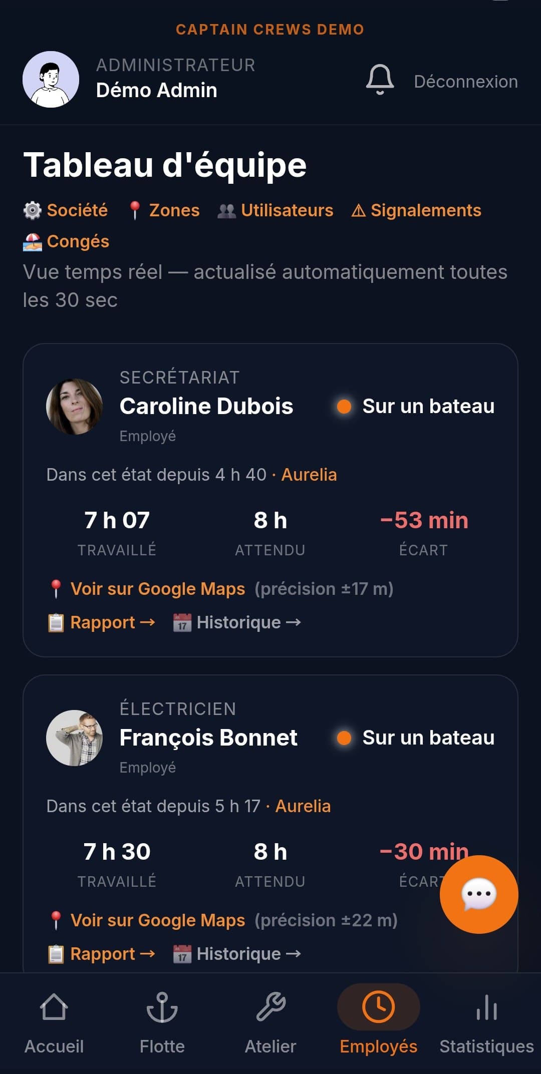 Pointage & équipe en temps réel