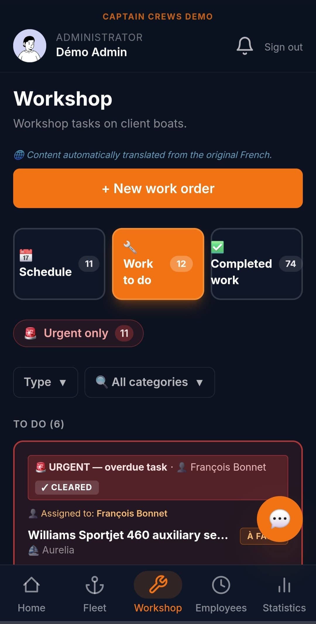 Workshop: open work orders, by boat and by mechanic