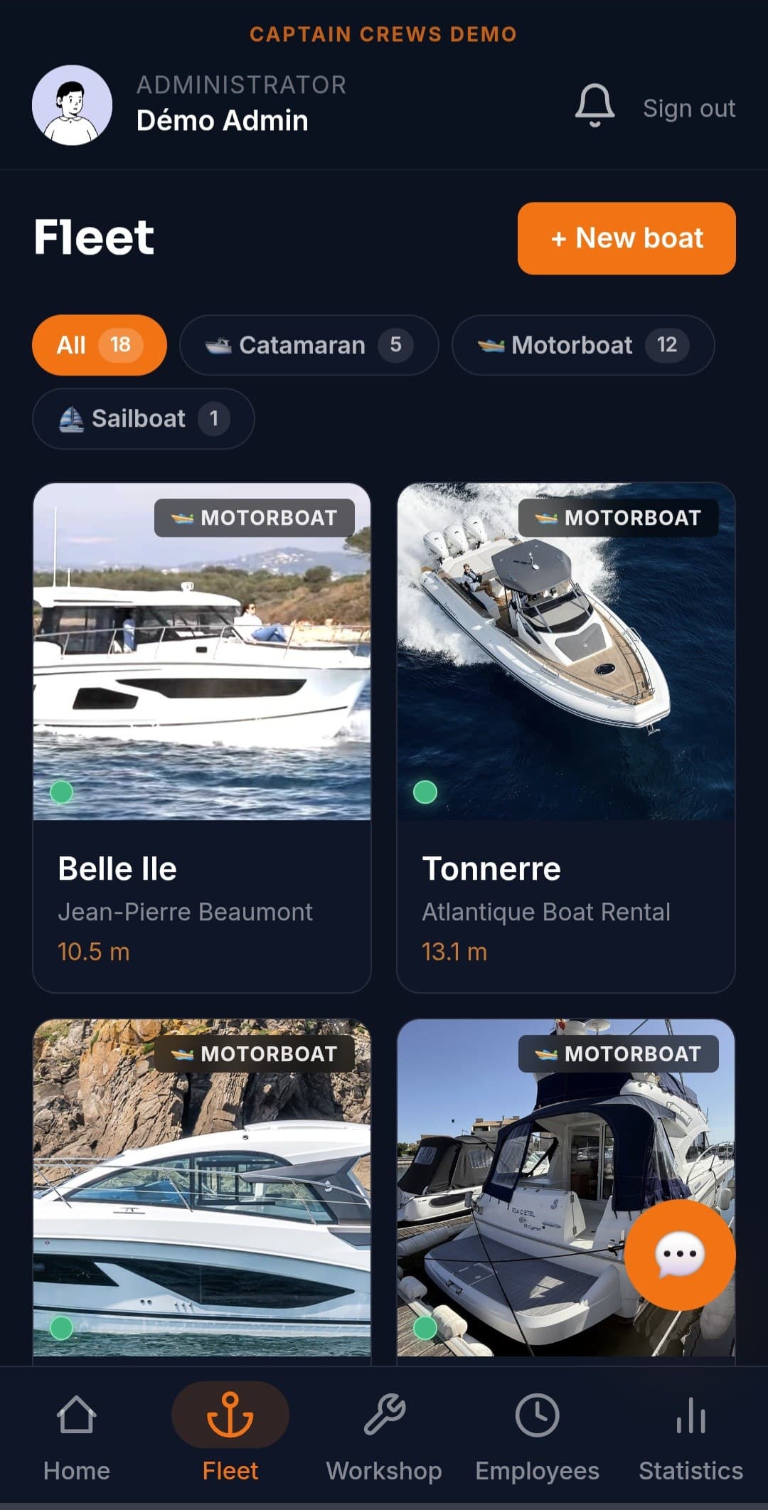 Fleet overview, status and alerts per boat