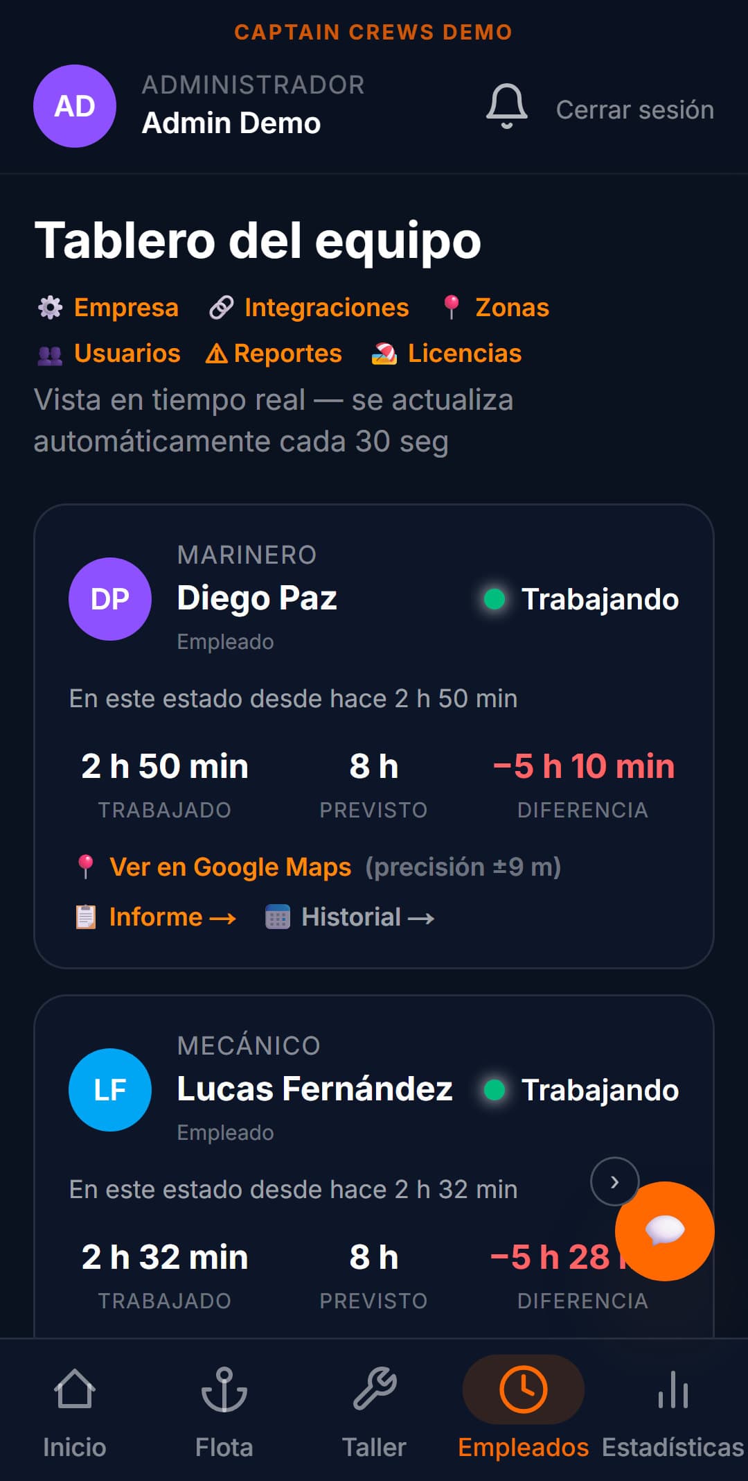 Control horario y equipo en tiempo real