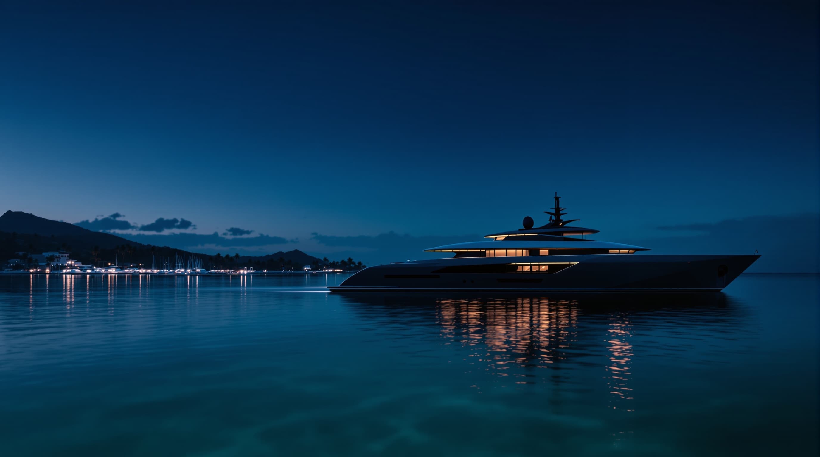 Yacht professionnel à quai dans une marina au crépuscule